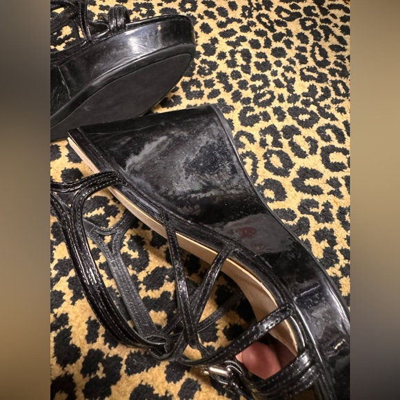 PRADA WEDGE STRAPPY LUXURIOUS SHOES US 8 BLK PATTON LEATHER NEW - Picture 7 of 10